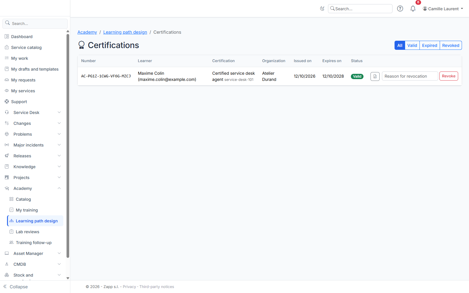 Issued certifications: filter by state, PDF and revocation with a reason.