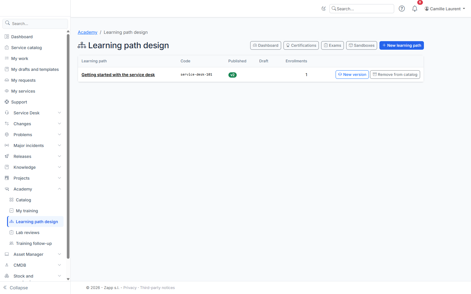 Learning path design: published version, draft, enrollments and access to the dashboard, certifications and exams.