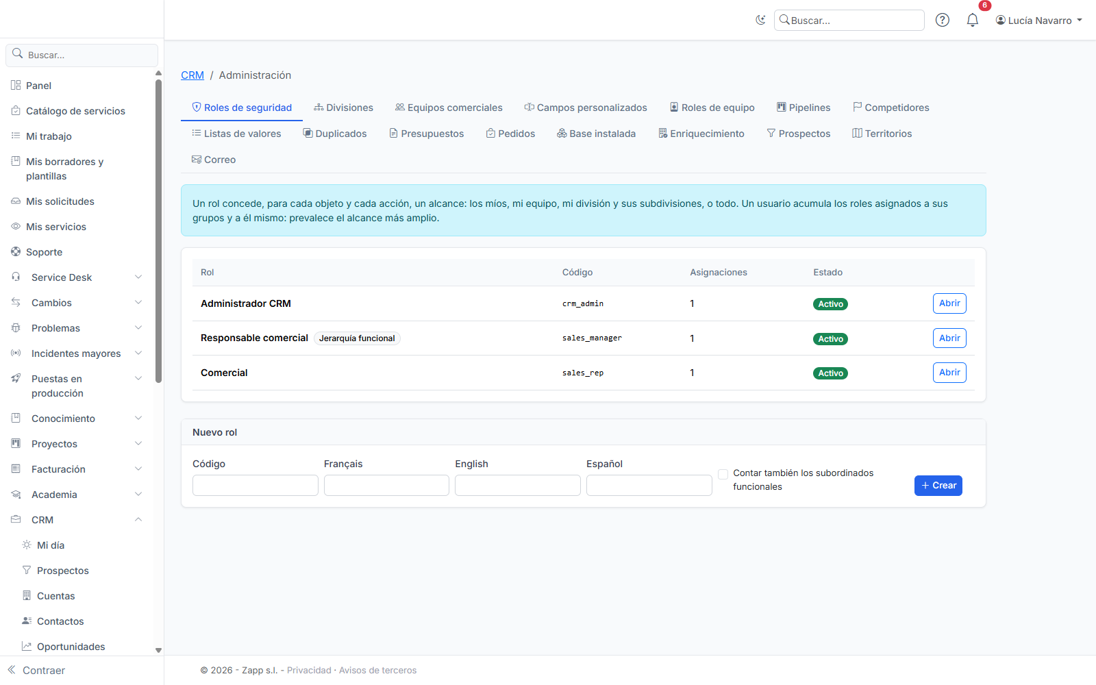 Los roles de seguridad del CRM, con sus asignaciones y el formulario para crear un rol.