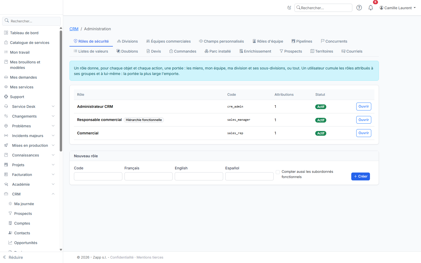 Les rôles de sécurité du CRM, avec leurs attributions et le formulaire de création d'un rôle.