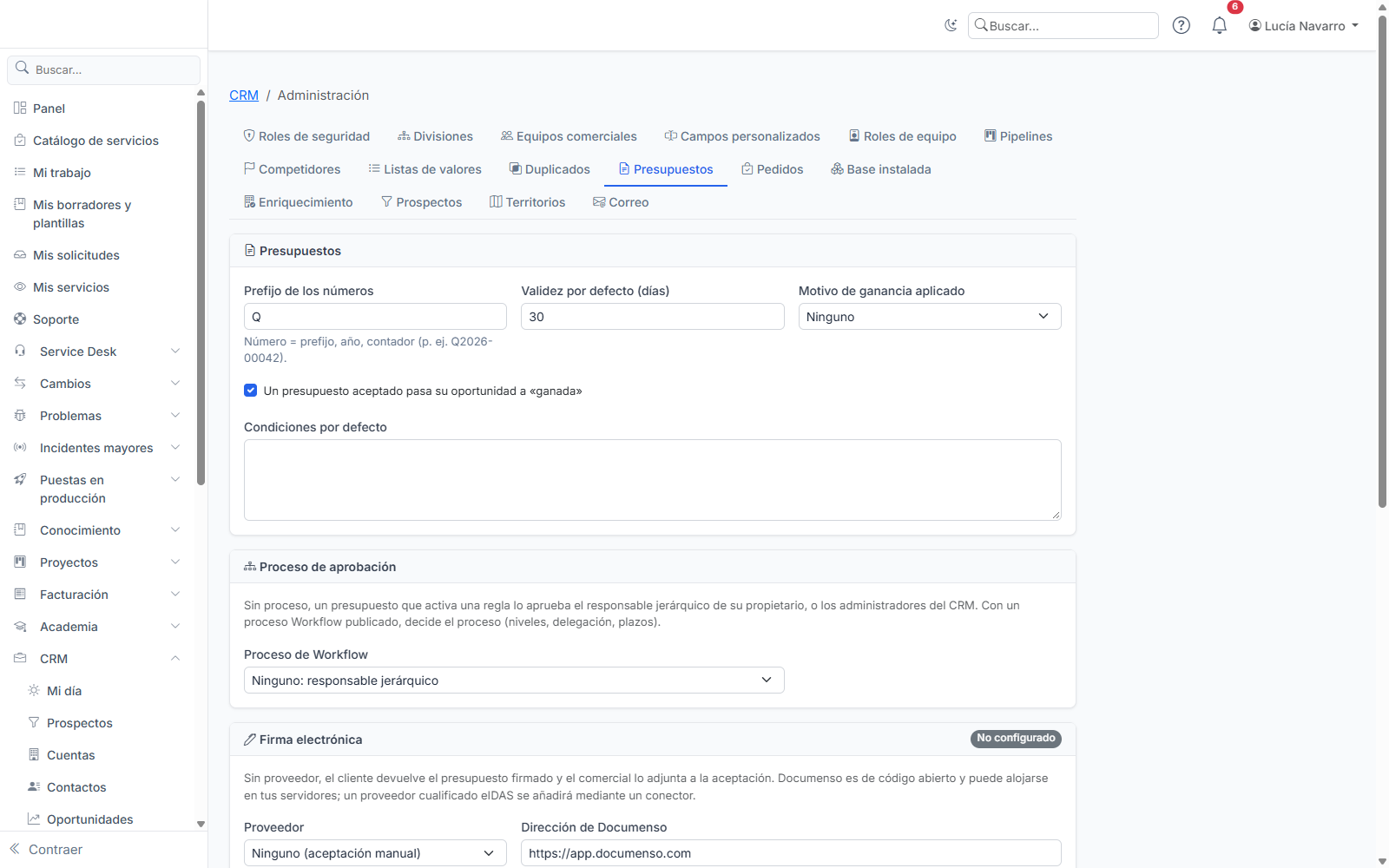 La configuración de los presupuestos: numeración, validez, proceso de aprobación y firma electrónica.
