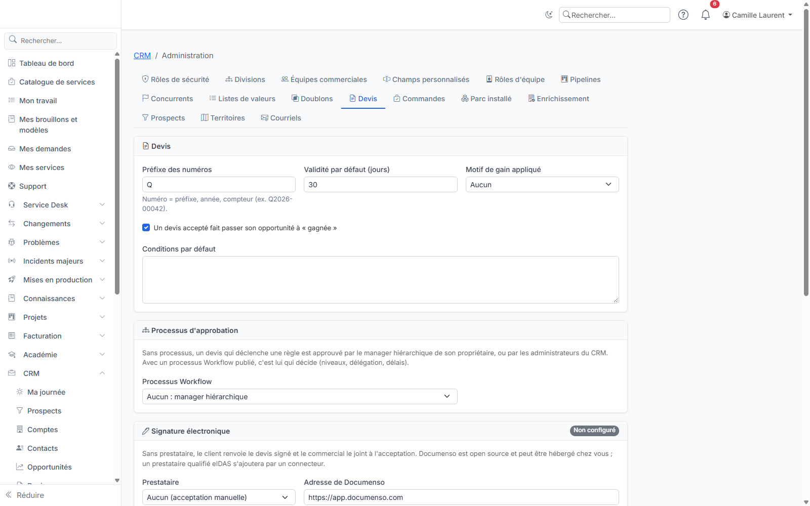 Le réglage des devis : numérotation, validité, processus d'approbation et signature électronique.