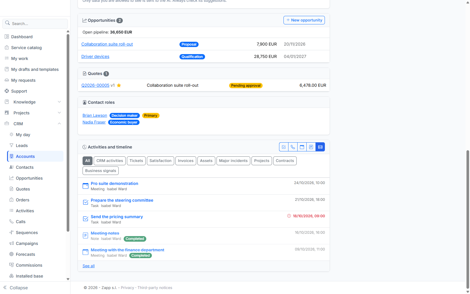 An account's timeline: CRM activities, tickets, invoices, assets, projects… filterable by source.