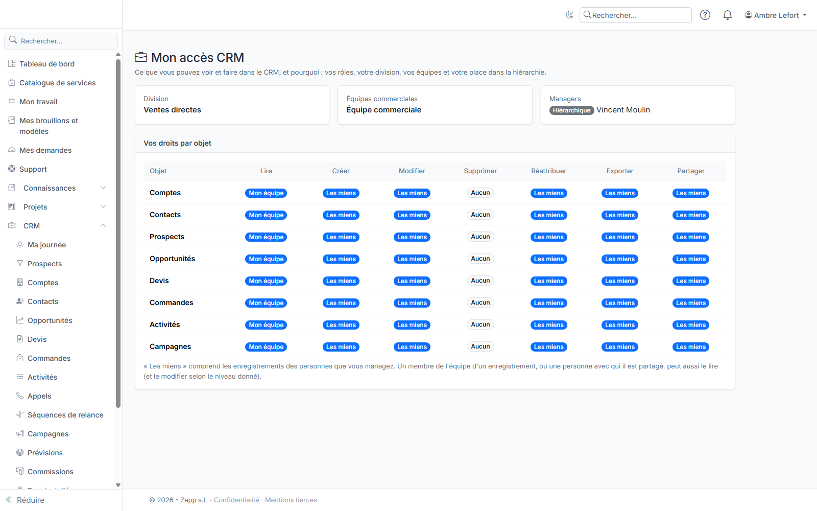« Mon accès CRM » : division, équipes, managers et droits par objet.