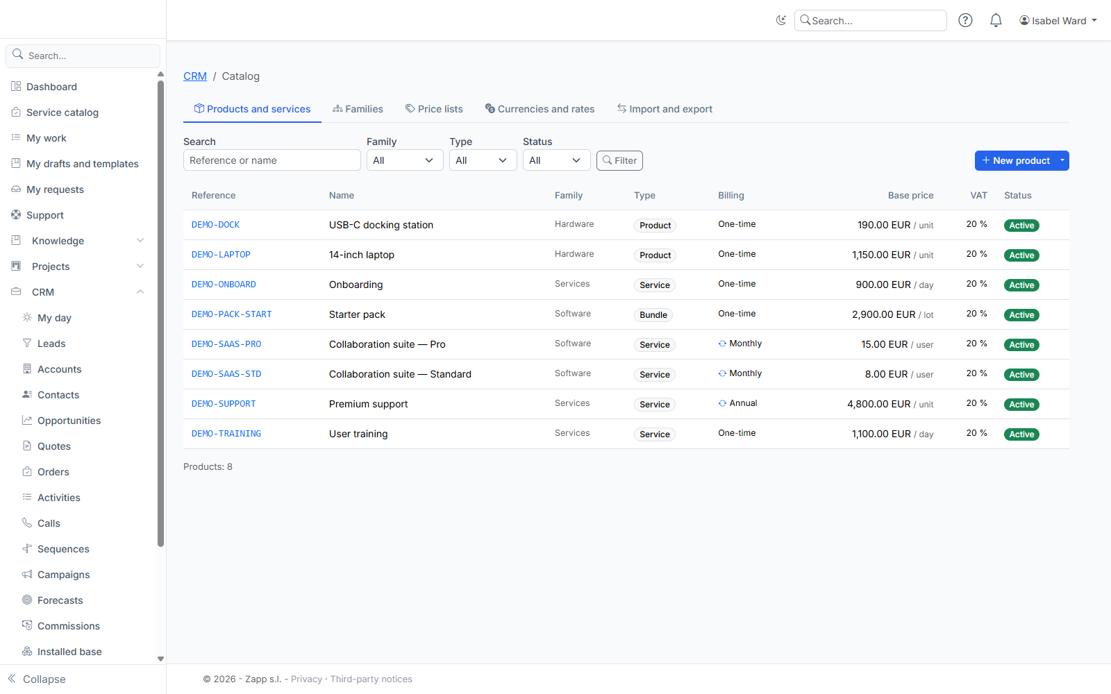 The product and service catalog: family, type, billing, base price and VAT.