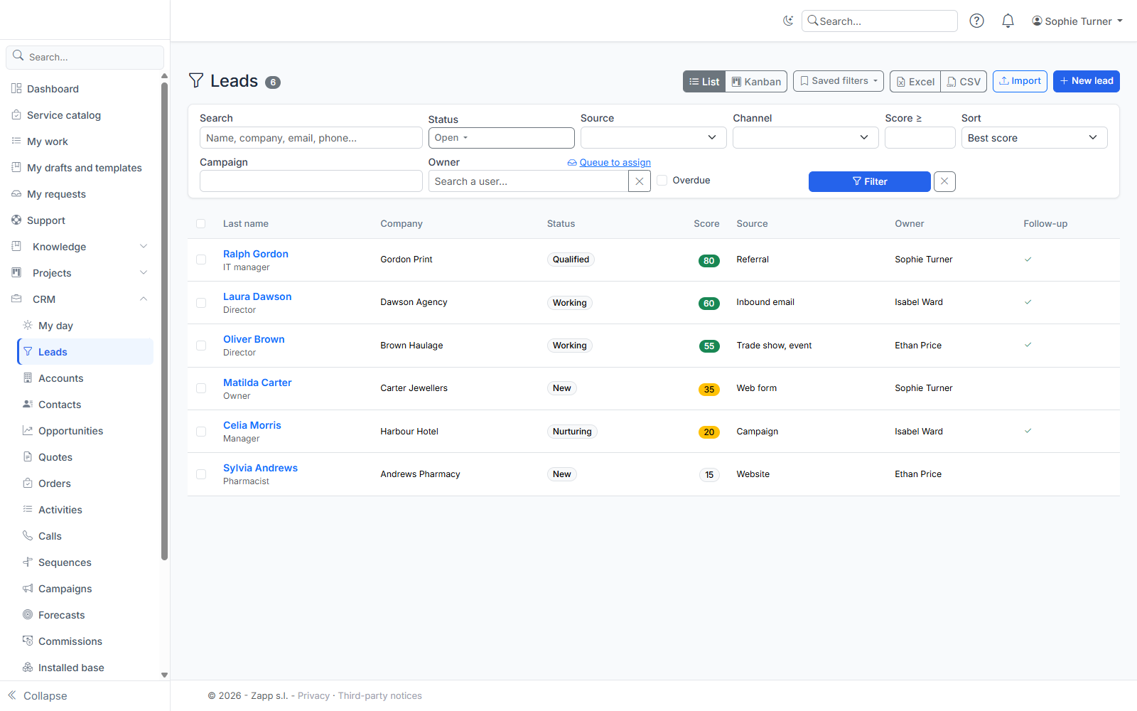 The lead list: company, status, score, source and owner, with the filters.