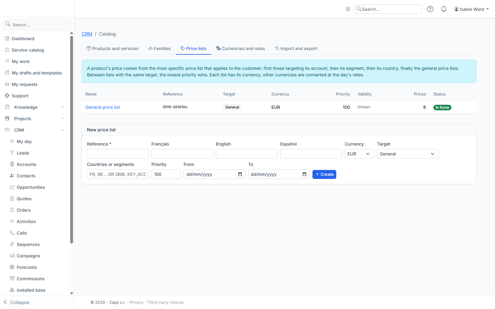 Price lists: target, currency, priority and validity, then the form for a new price list.