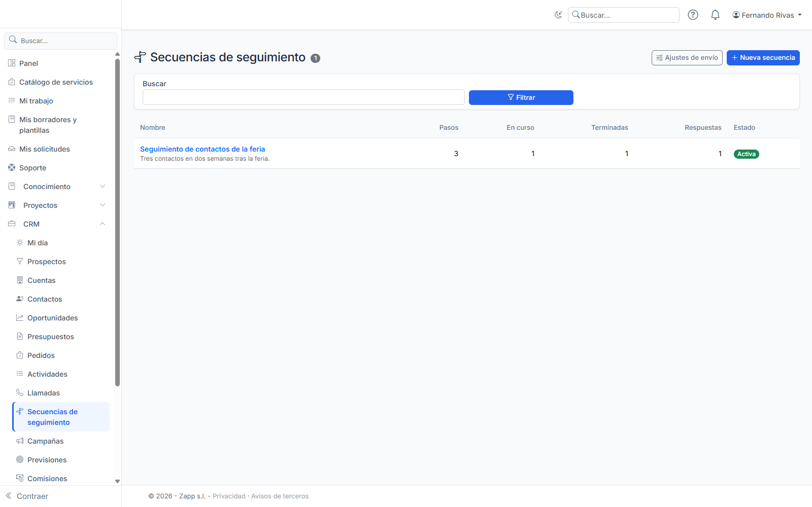 Las secuencias de seguimiento: pasos, inscritos en curso y terminados, respuestas.