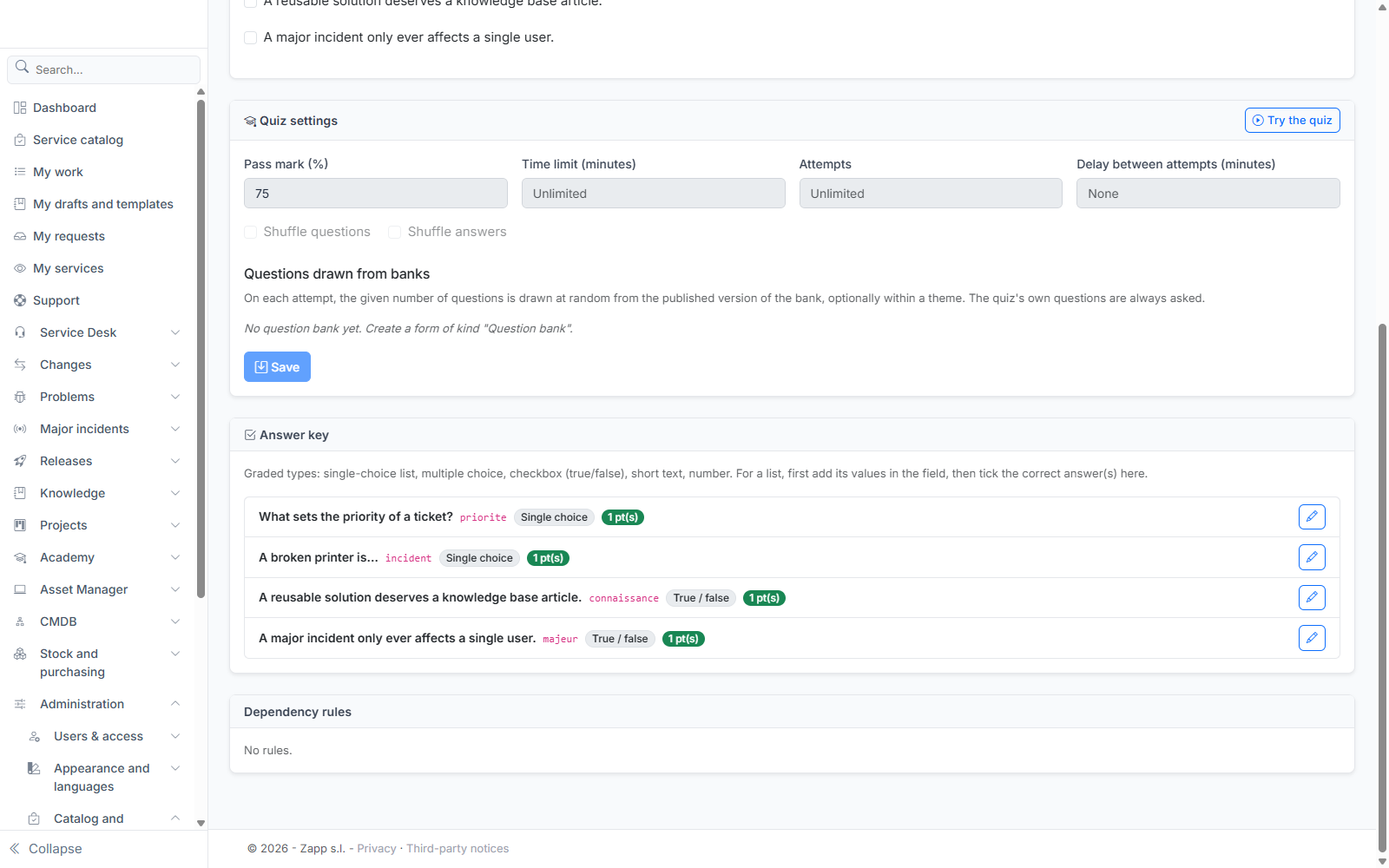 A quiz's settings and the list of its answer keys.